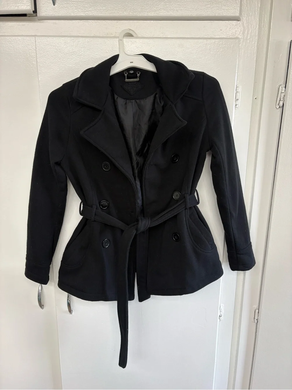 Jou Jou Black Double-Breasted Belted Pea Coat